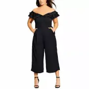 City Chic Womens Black Ruffled Off Shoulder Wide Leg Cropped Jumpsuit Plus 16W