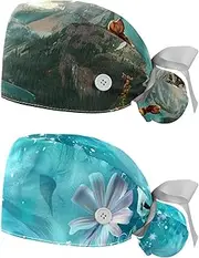 [YTYVAGT] 2-Pc,Nurse Scrub Caps,Scrub Hats with Buttons and Cotton Sweatband,Dachshund Dog River Mountain