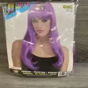 Neon Purple Long Wig 80's Club Retro Fancy Dress Halloween Costume Accessory New