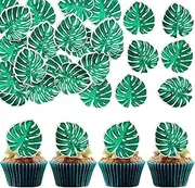 Ephlyn 50Pcs Edible Tropical Palm Leaves Cupcake Toppers Turtle Leaf Cupcake Picks Wafer Paper Edible Leaves Cupcake Decorations for Jungle Hawaiian Theme Baby Shower Birthday Party Supplies Green