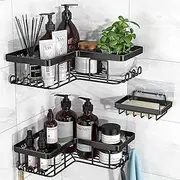 WEEMAGIC 3-Pack Corner Shower Caddy, L-Shaped, Rustproof Stainless Steel, 12 Hooks, Soap Holder, 40 lbs Capacity, Wall Mounted, Black