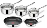 Tefal Jamie Oliver Cook's Direct, 5 Pieces Non-Stick Stainless Steel Pots & Pans Set, 16&18&20cm Saucepans with lids, 20&28 cm Frying Pans, Induction Hob Compatible, E304S544