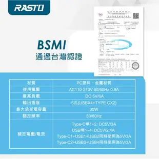 (2入組) RASTO RB15 30W高效能Type-C+USB六孔快速充電器