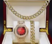 HIP HOP ICED GOLD PT HEAVY RED DIAL LAB DIAMOND LUXURY WATCH, NECKLACE, BRACELET