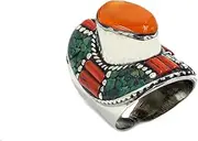[TIBETAN SILVER] Bohemian Statement Rings Jewellery for Men & Women Handmade Amber Turquoise Coral Ring Silver-Plated Adjustable Gemstone Ring Unique Fashion Jewellery Gift