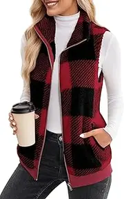 [Adigau] Women's Fleece Vest with Zip Pockets Stand-Up Collar Fleece Vest Sleeveless Jacket for Women Checked Warm Classic Basic for Work Hanging Outdoors, Burgundy red, Medium