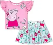 [Peppa Pig] Toddler Girl 2pcs Outfits Ruffled Top and Floral Print Skirt Set Clothes Set 2-6 Years, Roseo, 3 Years