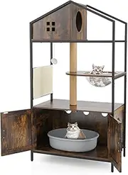 Costway Cat Tree with Litter Box Enclosure, Multi-Level Industrial Cat Tower Condo Furniture w/Hidden Washroom, Scratching Posts & Pad, Space Capsule, Dangling Ball, Air Vents