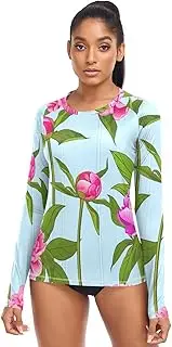 [RPLIFE] Pink Peonies Light Blue Women's Swim Shirt Hiking Top, Cooling Sun Protection Clothing Women