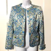 United Bamboo Round Neck Open Blazer Gold Blue Shells Paisley Sz 4 NWT