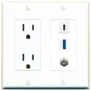 3 Port Power Outlet Cover Plug Jack UL 2 Gang COAX USB-3 USBC Wall Plate