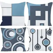 Set of 4 White Gray Blue Modern Abstract Geometric Throw Pillow Covers 18x18