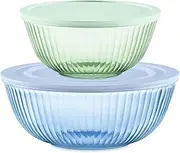 [Pyrex] Sculpted Tinted 4-PC, Medium/Large Glass Mixing Bowls with Lids, Nesting Space Saving Set of Bowls for Prepping and Baking, 2.3QT & 4.5QT