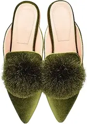 [Fericzot] Slip On Mule Backless Loafers Flats Puff PomPom Pointed Toe Casual Shoes Slippers