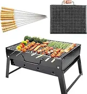 Yotsuba Charcoal BBQ Grill, Portable BBQ set, Lightweight Barbecue Folding Steel Roast Rack (BBQ Grill Set + Stainless Steel BBQ Skewers)