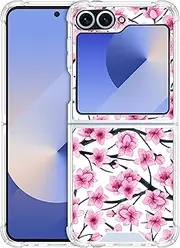 [SuzaCase] Clear Case for Samsung Galaxy Z Flip 6 - Samsung Z Flip 6 5G Case with Stylish Cherry Blossoms Watercolored Printed Durable Clear Shockproof Drop Protection Back Case for Samsung Z Flip6