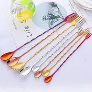 Tablespoons 8 Pieces Cocktail Spoon Stirring Bar ，Mixing Lengthen Spoon and Fork ，Stainless Steel Spiral Pattern Cocktail Stirrers Spoons, 12.7 Inch/9.7Inch,4Colors Serving Spoon