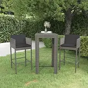 3 Piece Rattan Garden Bar Set with Cushions, Small Outdoor Furniture for Patio, Balcony & Deck - Grey Wicker Table and Chairs for Seating - Clearance Deals