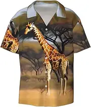 [HTTUP] Africa Giraffe Majestic Tree Print Men's Hawaiian Softness Shirts Short Sleeve Button Down Cuban Collar Lightweigh