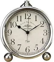 Vintage Table Clock, Iron European Style Desk Clock Battery Operated Non-Ticking Mantle Clock for Home Decor, 13.2cm/5.2inch (Silver)