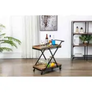 Wood/Black Rolling Bar Cart Two Shelves Entertainment Kitchen Storage Coffee Bar