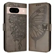 For Google Pixel 8a Case, Butterfly Embossed Flip PU Leather Wallet Cover, Grey