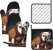 4 pcs Oven Mitts and Pot Holders Set 500°F Heat Resistant Oven Gloves and Hot Pads Kitchen Mittens Lover Bulldog Cooking Gloves Potholders for Baking Grilling