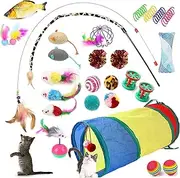28 PCS Cat Toys,Set of Cat Toys for Indoor Cats,Variety Catnip Toys with Collapsible Rainbow Tunnel Interactive Feather Teaser Fluffy Mouse Crinkle Balls Spring and Bells Toy Set for Kitty and Cats