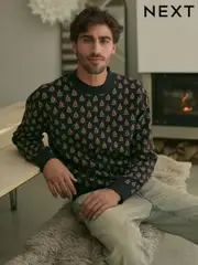 Black/Gold Tree Regular Fit Christmas Crew Neck Jumper (N24333) | $73