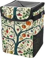 Car Trash Can with Lid and Storage Pockets Leak-Proof Organizer,Multipurpose Trash Bin for Car,Cartoon Tree Floral Fruit
