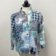 Chico's Reversible Linen Jacket Kings Navy Mixed Print Paisley New Women's Small