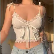 V-Neck Lace Trim Crop Camisole Top White - M