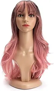 BERRYLION Pink Wig with Bangs|Long Wavy Pink Wigs for Women|Ombre Pink Curly Wigs for White Women|Synthetic Wigs for Daily Use 26 inch