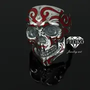 Skull Ring Men Gothic Biker Sterling Silver and Enamel Jewelry