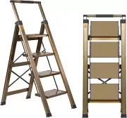 4 Step Ladder, Aluminum 4 Step Stool with Retractable Handrail and Anti-Slip Wid