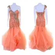 Sherri Hill Crystal Embellished One Shoulder Mermaid Tulle Gown Orange US 6 NWT