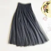 Fashion Tulle Skirts Women Summer And Winter Elastic High Waist Long Mesh Skirt Tutu Maxi Pleated Skirt grey One size