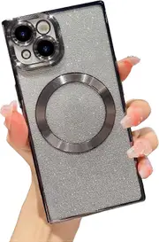 Square iPhone15 Case Glitter Magnetic Compatible with MagSafe Full Camera Lens Protection Luxury Plating Cute Clear Shockproof Slim Phone Case(Black)