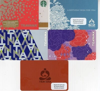 5 DIFFERENT STARBUCKS TEAVANA ( STORES CLOSED) RETIRED PLASTIC GIFT CARDS