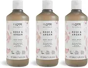 I Love Naturals Rose & Argan Body Wash, Natural Oils Of Rose & Patchouli, Formulated Using Essential Oils For Silky Smooth & Moisturised Skin, 100% Recycled Bottle & Vegan-Friendly - 3 x 19.91 fl oz