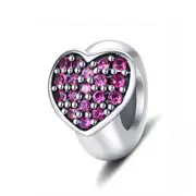 925 Sterling Silver Love Heart Pink Zircon Bracelet / Necklace Charm