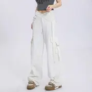 V Waistline Straight-Fit Wide-Leg Cargo Pants White - L