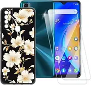 ESACMOT Golden Flowers Pattern Case Compatible with TCL 20 SE + [2 Pack] Screen Protector Tempered Glass, Shockproof Case Cover for TCL 20 SE (6.82 inch)