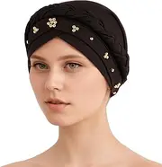 [Defresit] Elastic Cotton Chemo Turbans Hat Cancer Hair Loss Alopecia Hat Soft Beaded Head Wraps Scarf Sleep Cap Chemotherapy Gifts for Women(Black), Black, One size