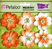 CAMELIA TANGERINE 45mm Mix - 6 Mulberry Paper Flowers Petaloo Jbf