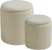 BLEXA Round Ottoman with Storage Set of 2-Upholstered Velvet Vanity Stool for Makeup Multifunctional Ottomans Coffee Table Padded Seat Foot Rest for Living Room&Bedroom（White）