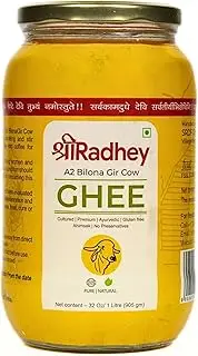 SHREE RADHEY A2 Bilona Gir Cow Ghee | 1 Litre | Traditional Bilona Method | Cultured | Premium | Immunity Booster | Pure | Natural | Healthy | Fresh | Lactose and gluten free | Keto Friendly | Glass Bottle