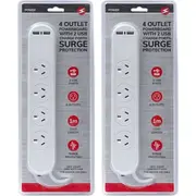2x 4 Way Outlet Switched Surge Protected 2400W Power Board w/1m Cable/2 USB Port