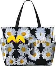 [Ghjkfbf] Daisies White Print Large Capacity Beach Travel Bag For Family, Beach Tote Bag For Women With Zipper Pockets, Black, One Size