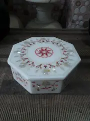 10" white Marble trinket Jewelry box Inlay pietra dura Malachite room decor h49